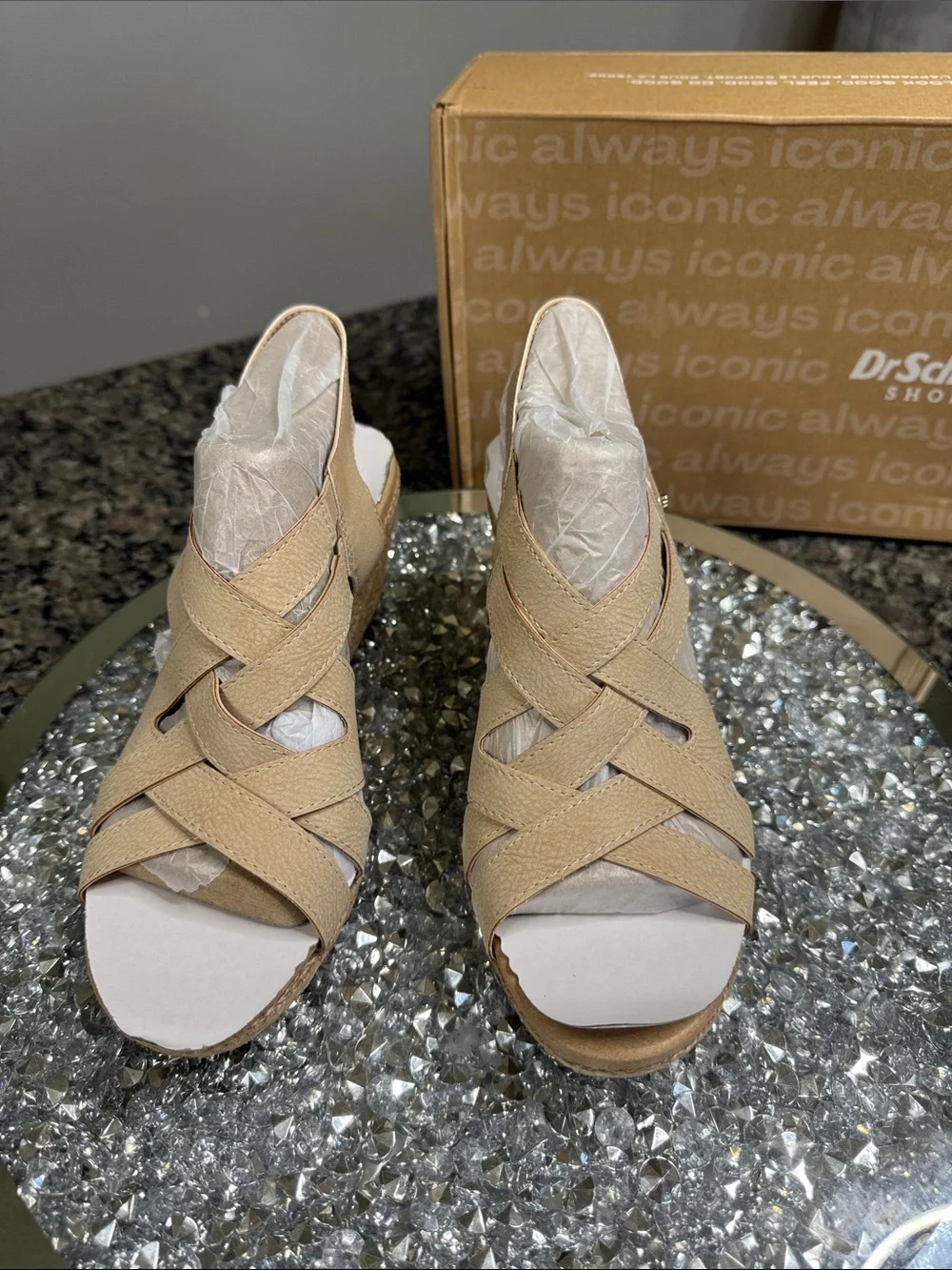 Dr. Scholl's Everlasting leather tan Woven Espadrille Wedge Sandals NEW 8